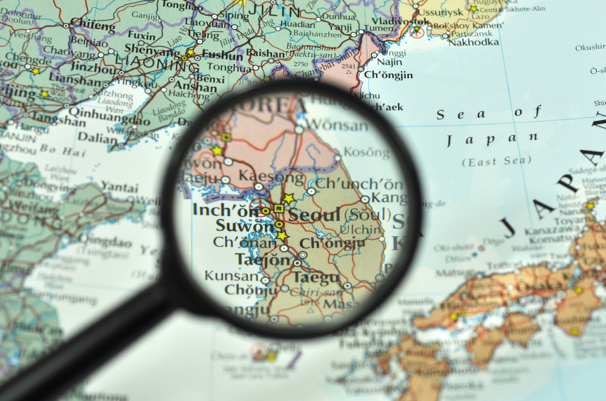 Map of South Korea with magnifying glass