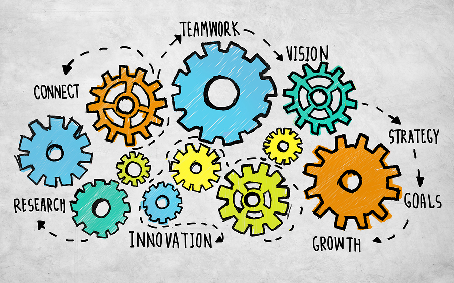 Graphics of colored gears working together, with arbitrary buzz words: teamwork, vision, strategy, goals, growth, innovation, research, connect.