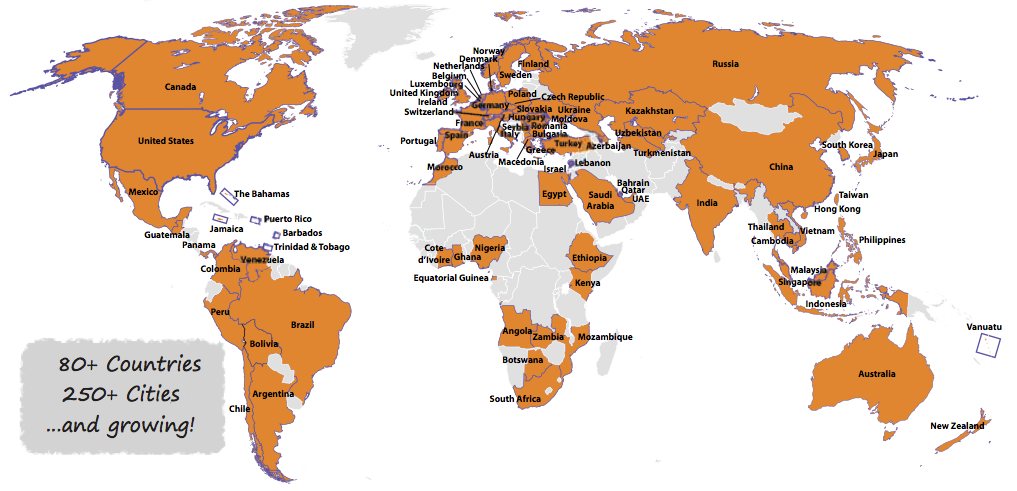 World map of the countries that the Passport Career system includes. 80+ countries 250+ cities and growing.
